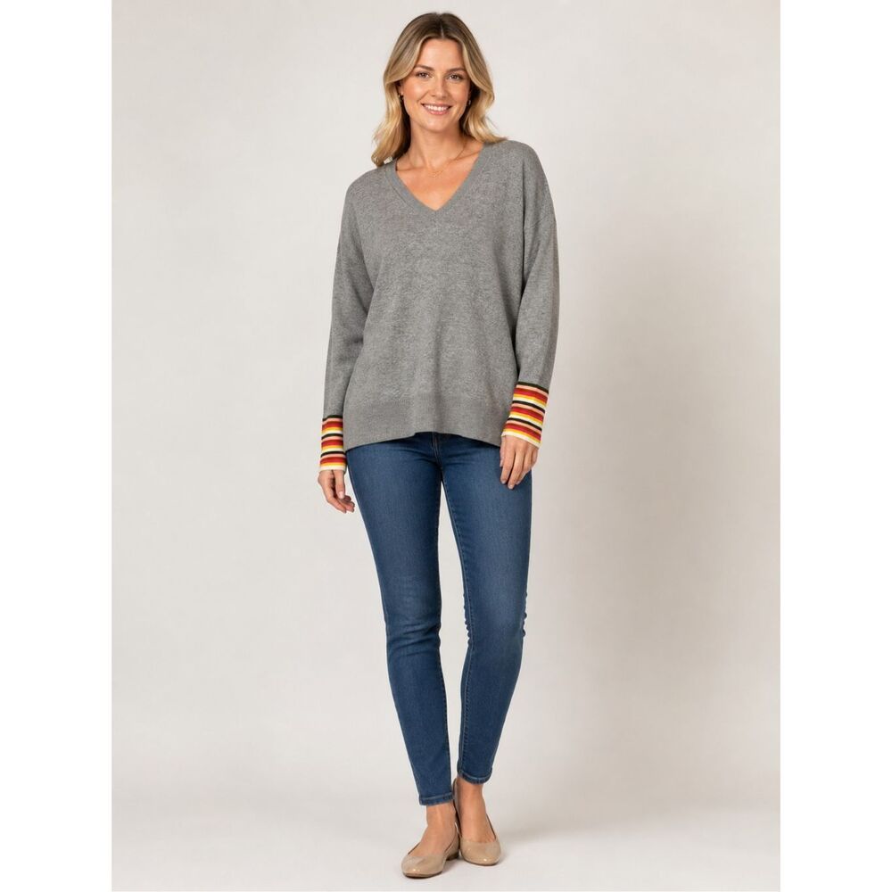 Boden Large Gray Cotton Wool V-Neck Sweater Colorful Stripe Cuffs #784